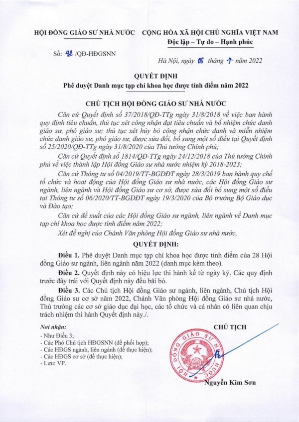 Quyết định số 42/QĐ-HĐGSNN phê duyệt Danh mục tạp chí khoa học được tính điểm năm 2022